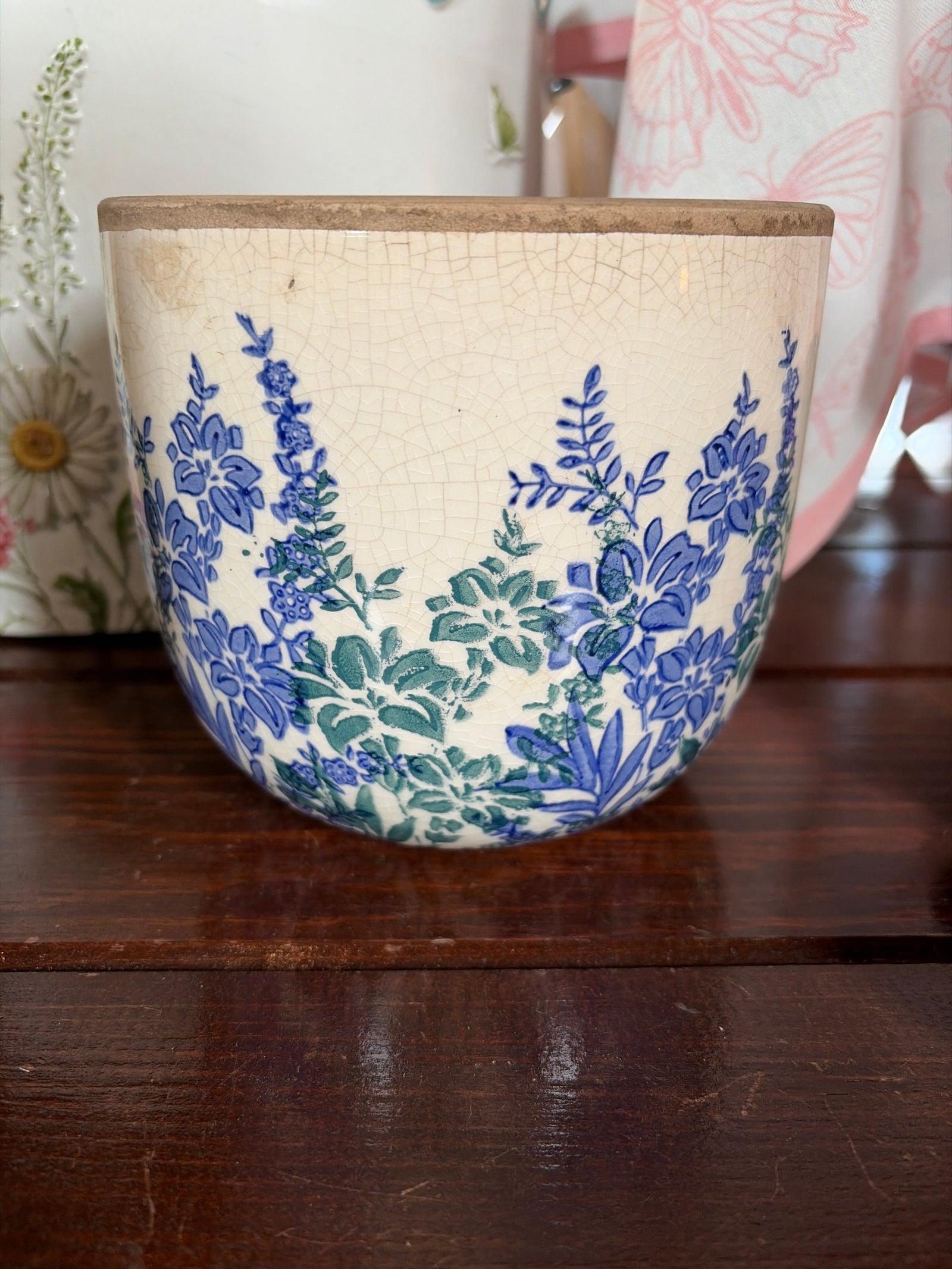 Ceramic Pot w/Blue Floral Sml