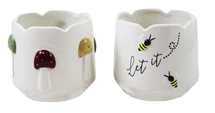White Ceramic Pot - Bee/Mushroom